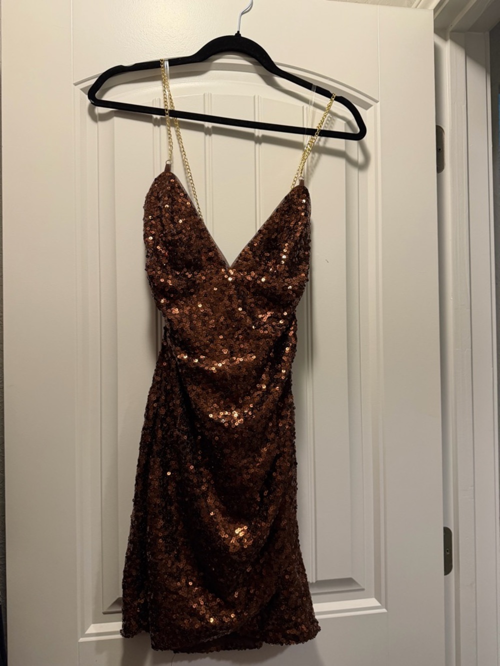 Brown Sequin Slip Dress with Gold Chain Straps